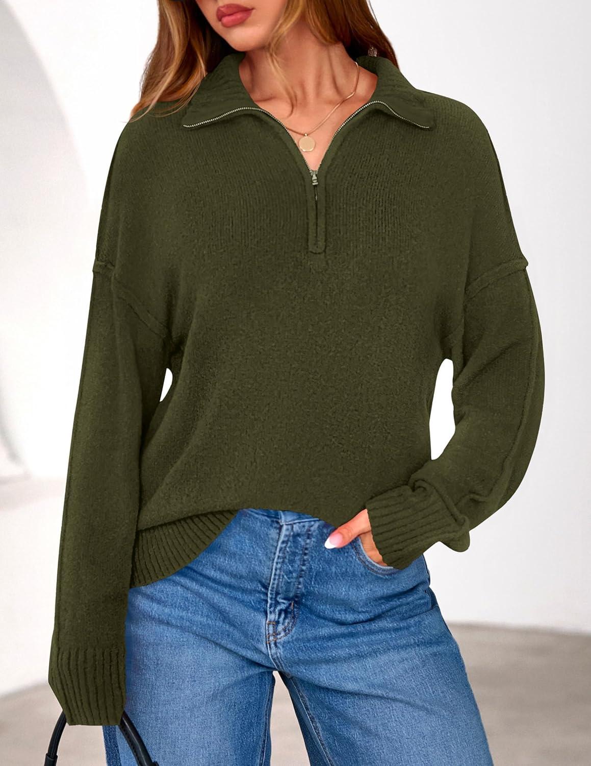 imagePRETTYGARDEN Womens Quarter Zip Pullover V Neck Fall Sweaters 2025 Long Sleeve Tops Collared Business Casual Winter ClothingArmy Green
