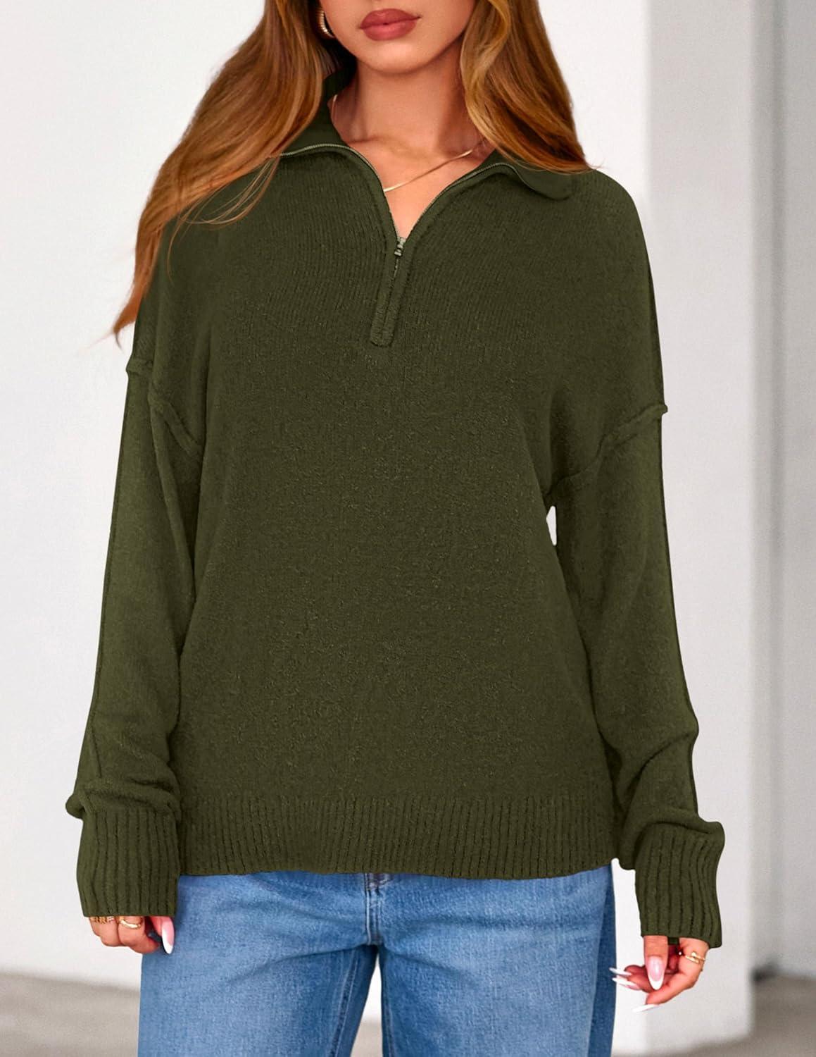 imagePRETTYGARDEN Womens Quarter Zip Pullover V Neck Fall Sweaters 2025 Long Sleeve Tops Collared Business Casual Winter ClothingArmy Green