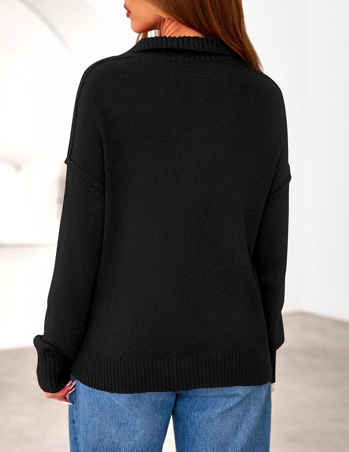 imagePRETTYGARDEN Womens Quarter Zip Pullover V Neck Fall Sweaters 2025 Long Sleeve Tops Collared Business Casual Winter ClothingBlack