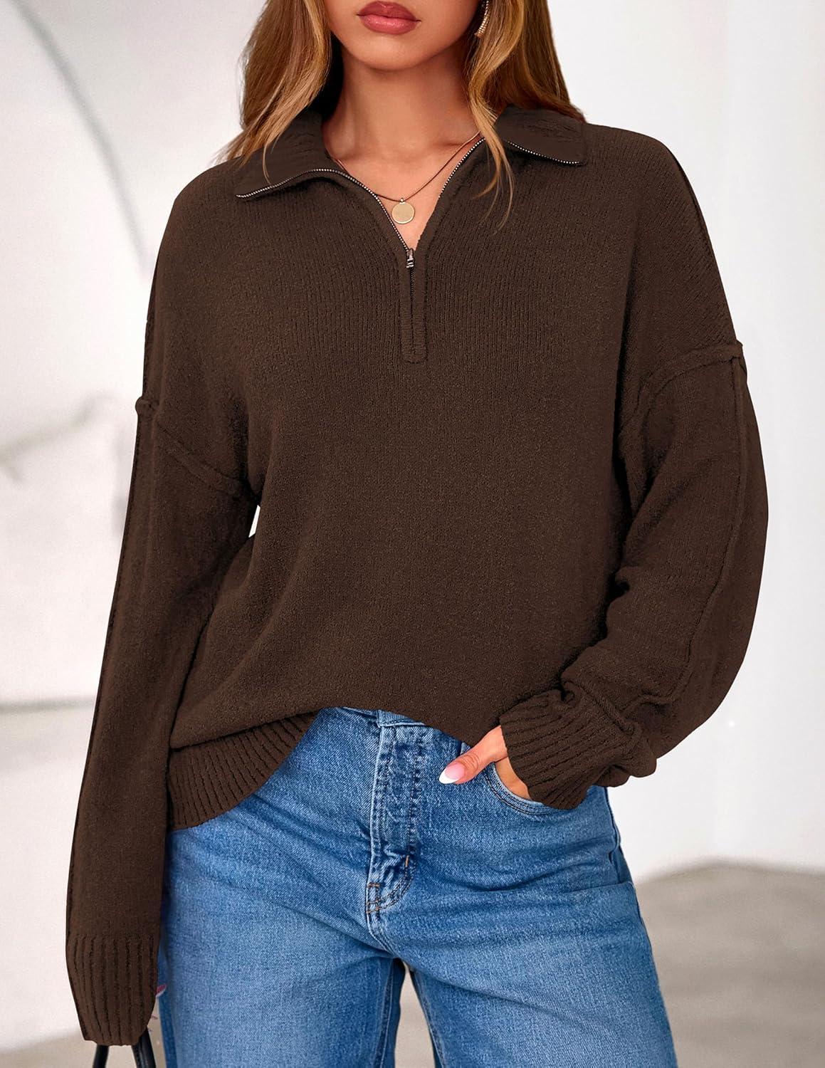 imagePRETTYGARDEN Womens Quarter Zip Pullover V Neck Fall Sweaters 2025 Long Sleeve Tops Collared Business Casual Winter ClothingBrown
