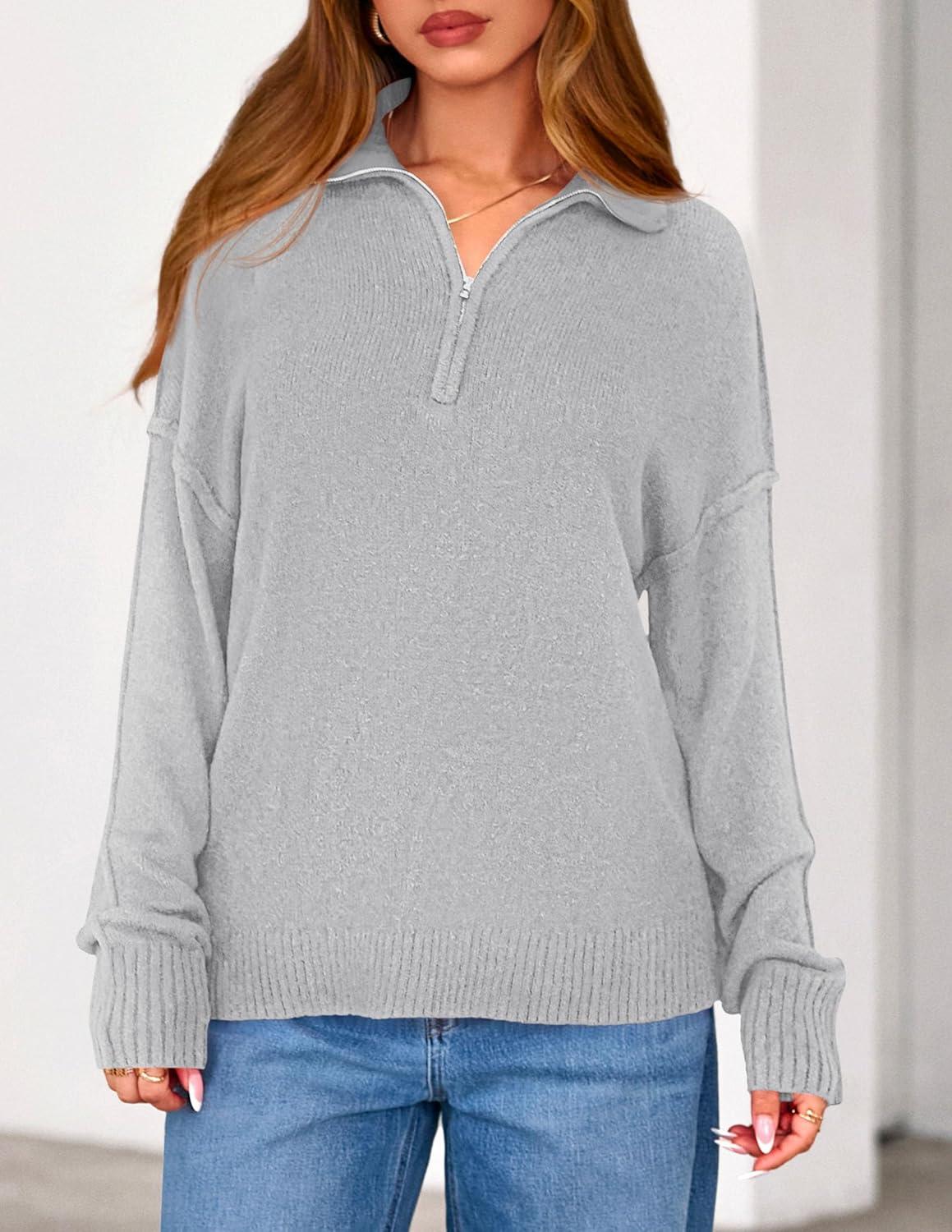 imagePRETTYGARDEN Womens Quarter Zip Pullover V Neck Fall Sweaters 2025 Long Sleeve Tops Collared Business Casual Winter ClothingGrey