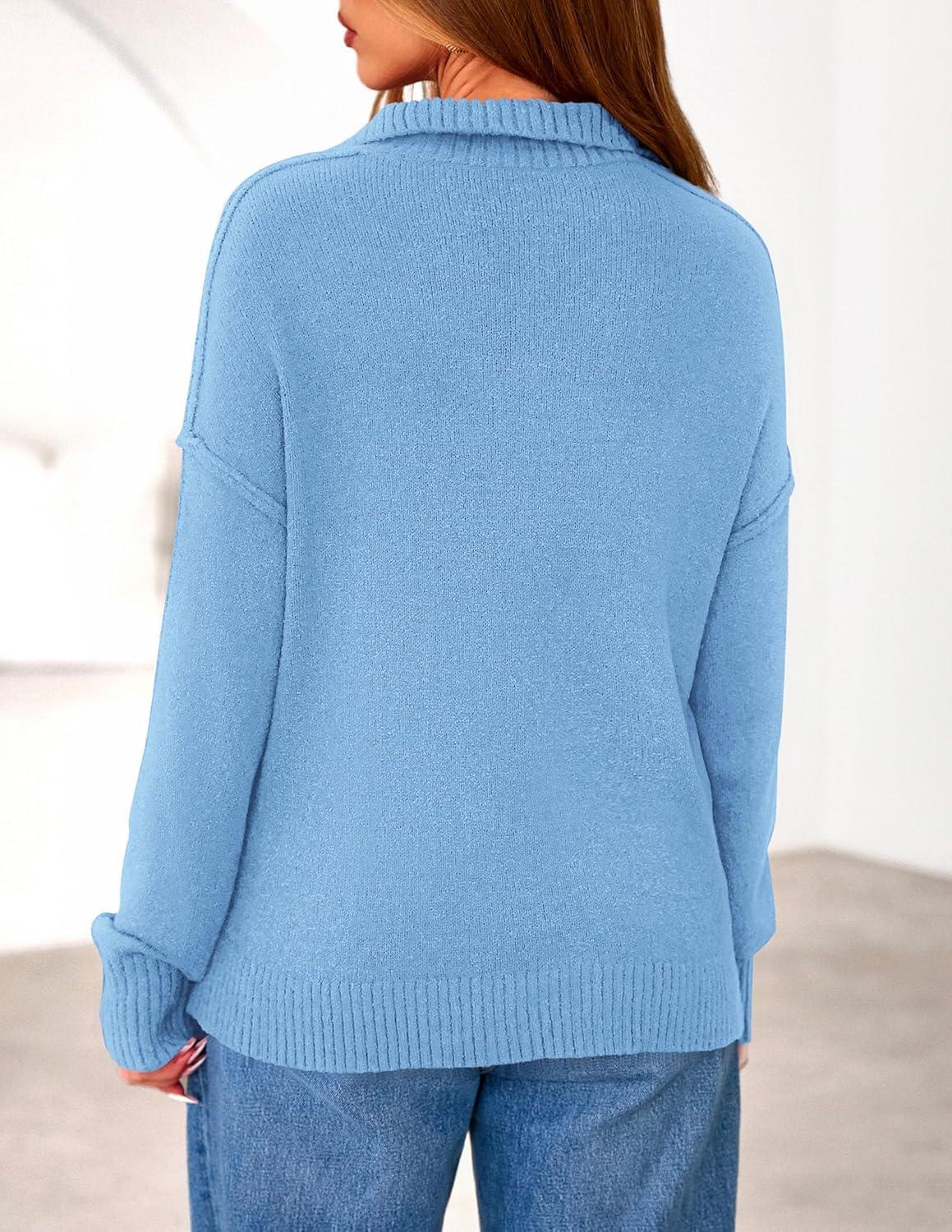 imagePRETTYGARDEN Womens Quarter Zip Pullover V Neck Fall Sweaters 2025 Long Sleeve Tops Collared Business Casual Winter ClothingLight Blue