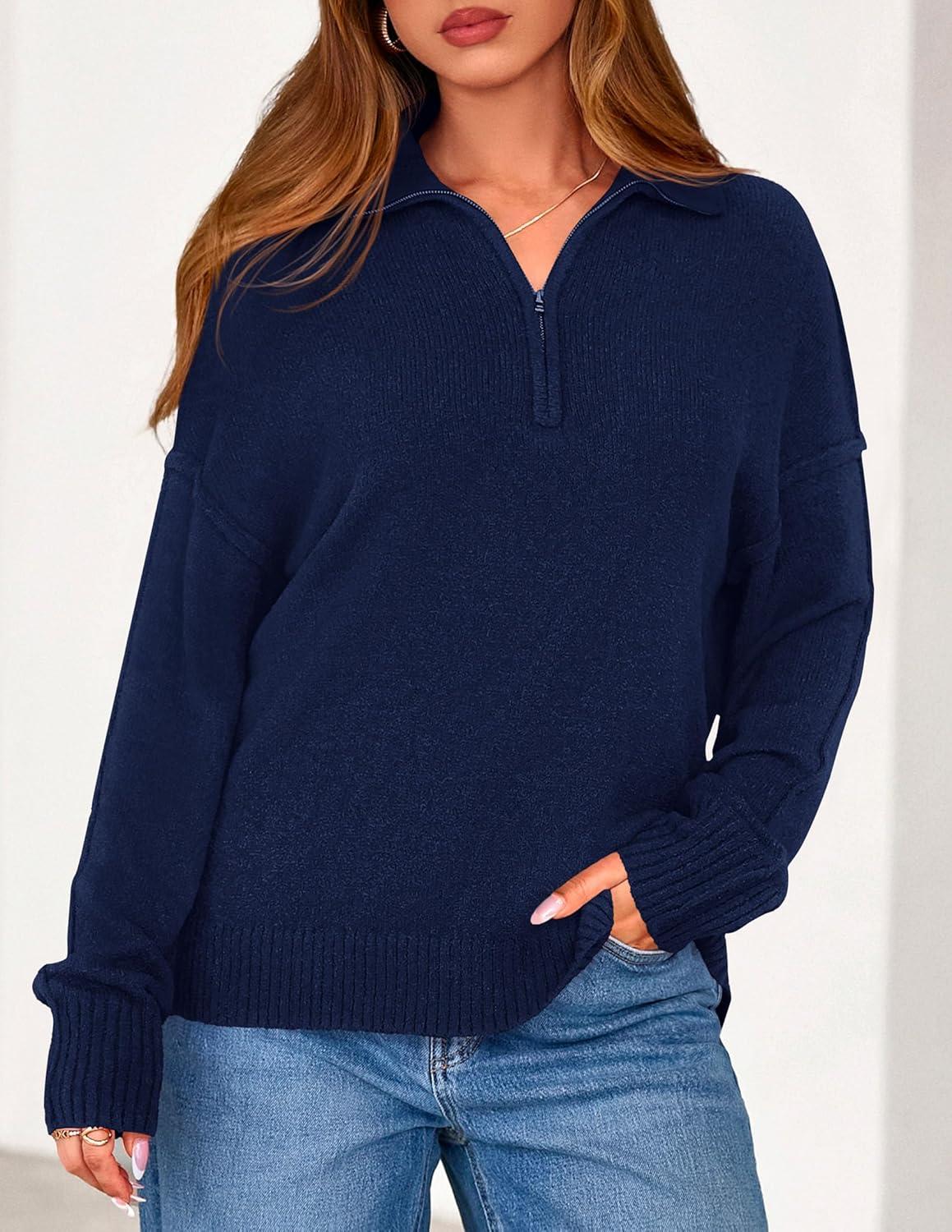 imagePRETTYGARDEN Womens Quarter Zip Pullover V Neck Fall Sweaters 2025 Long Sleeve Tops Collared Business Casual Winter ClothingNavy Blue