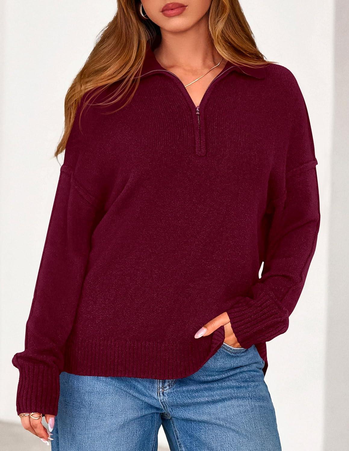 imagePRETTYGARDEN Womens Quarter Zip Pullover V Neck Fall Sweaters 2025 Long Sleeve Tops Collared Business Casual Winter ClothingWine Red