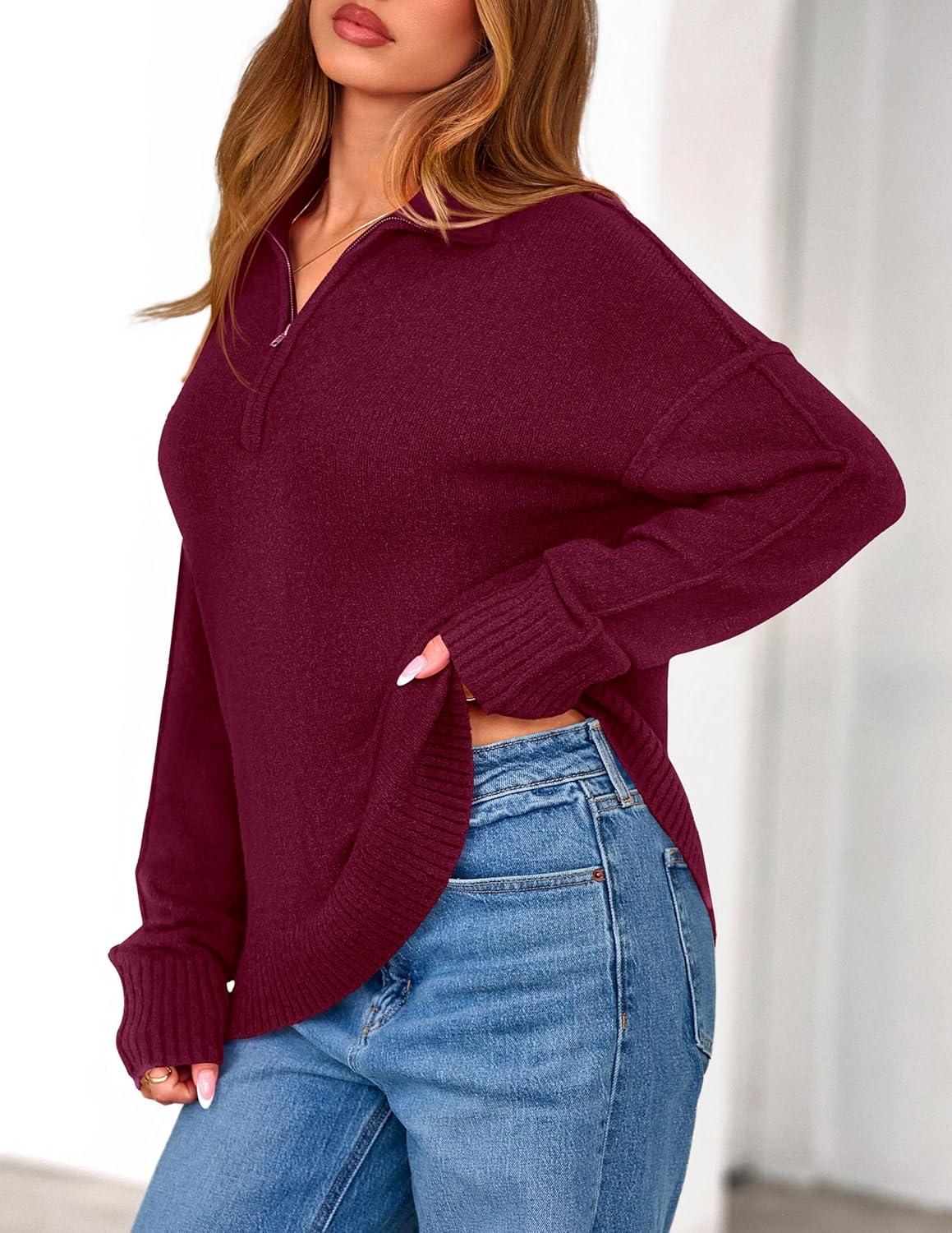 imagePRETTYGARDEN Womens Quarter Zip Pullover V Neck Fall Sweaters 2025 Long Sleeve Tops Collared Business Casual Winter ClothingWine Red