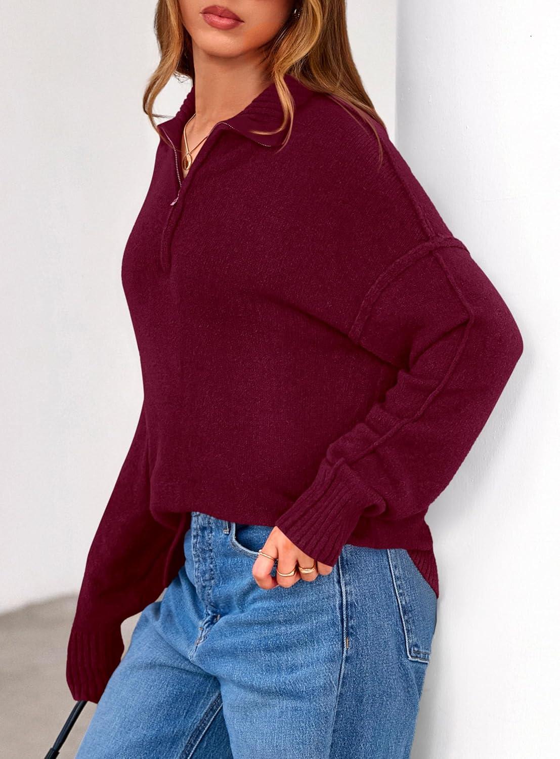 imagePRETTYGARDEN Womens Quarter Zip Pullover V Neck Fall Sweaters 2025 Long Sleeve Tops Collared Business Casual Winter ClothingWine Red