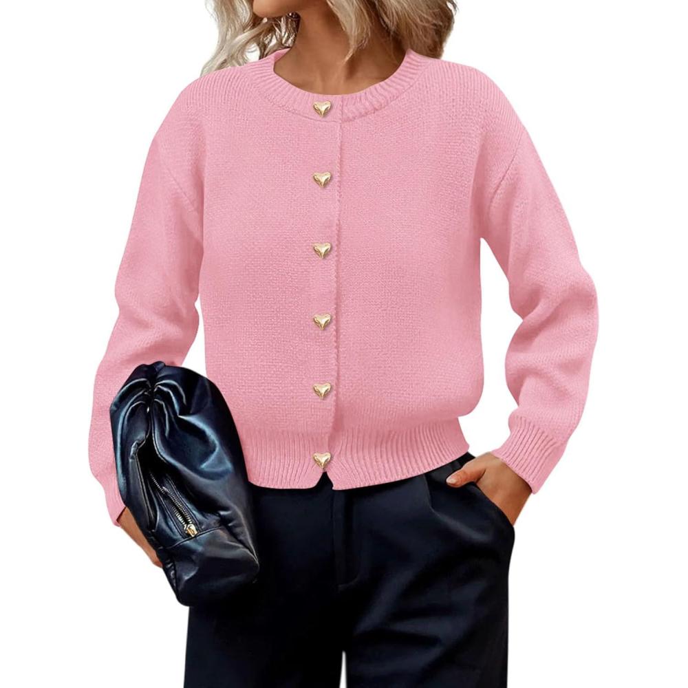 imagePRETTYGARDEN Cardigan Sweaters for Women 2025 Fall Fashion Chunky Long Sleeve Button Down Trendy Winter Sweater JacketPink