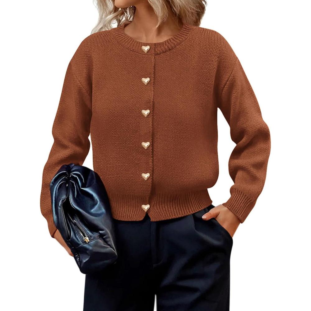 imagePRETTYGARDEN Cardigan Sweaters for Women 2025 Fall Fashion Chunky Long Sleeve Button Down Trendy Winter Sweater JacketRed Brown