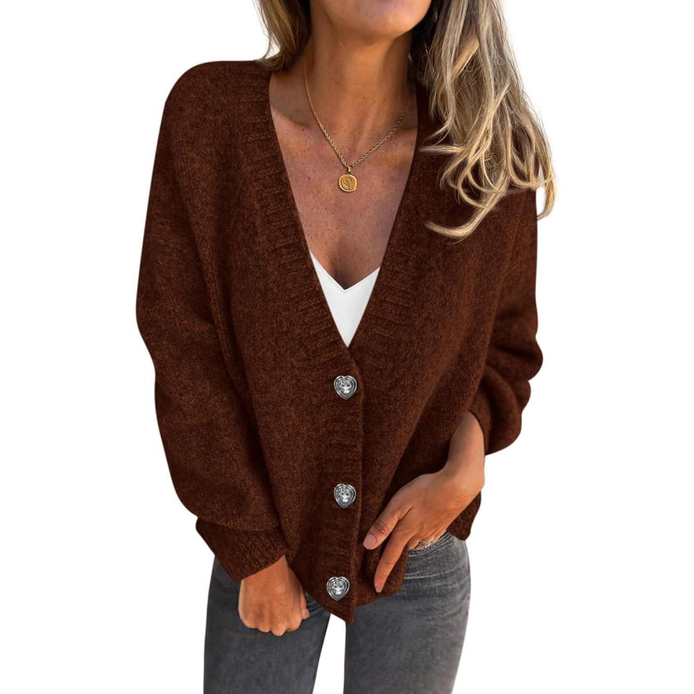 imagePRETTYGARDEN Cardigan Sweaters for Women Trendy Fall 2025 Long Sleeve Button Down Oversized Chunky Knit Sweater OuterwearCaramel