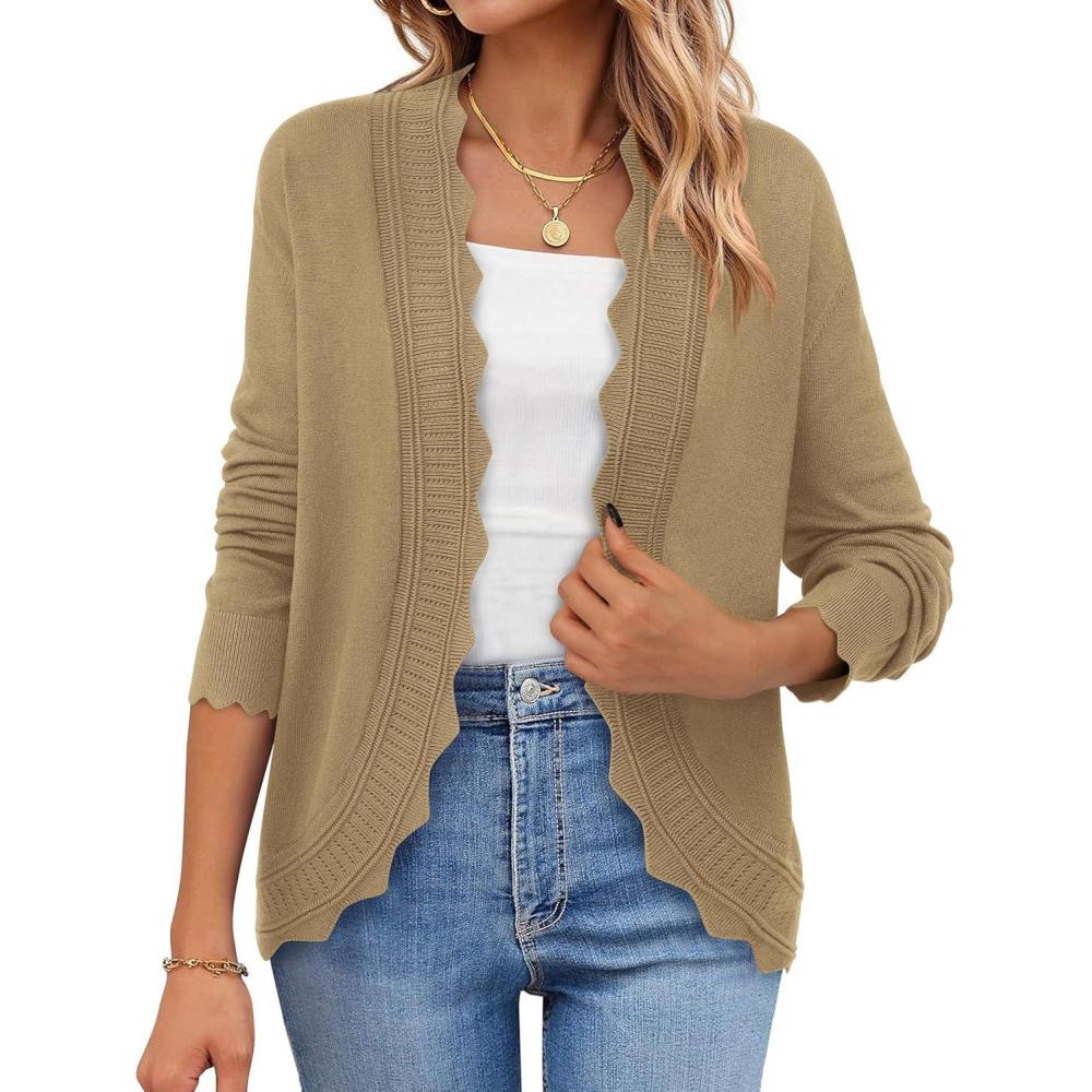 imagePRETTYGARDEN Cardigans for Women Lightweight Casual Long Sleeve Knitted Open Front Shrugs Sweaters 2025 Fall ClothesKhaki