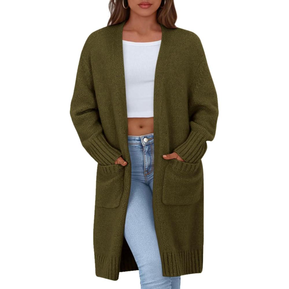 imagePRETTYGARDEN Fall Long Sleeve Cardigan Sweaters for Women 2025 Trendy Winter Open Front Loose Knitted Cardigans with PocketsArmy Green