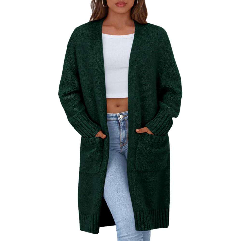 imagePRETTYGARDEN Fall Long Sleeve Cardigan Sweaters for Women 2025 Trendy Winter Open Front Loose Knitted Cardigans with PocketsDark Green