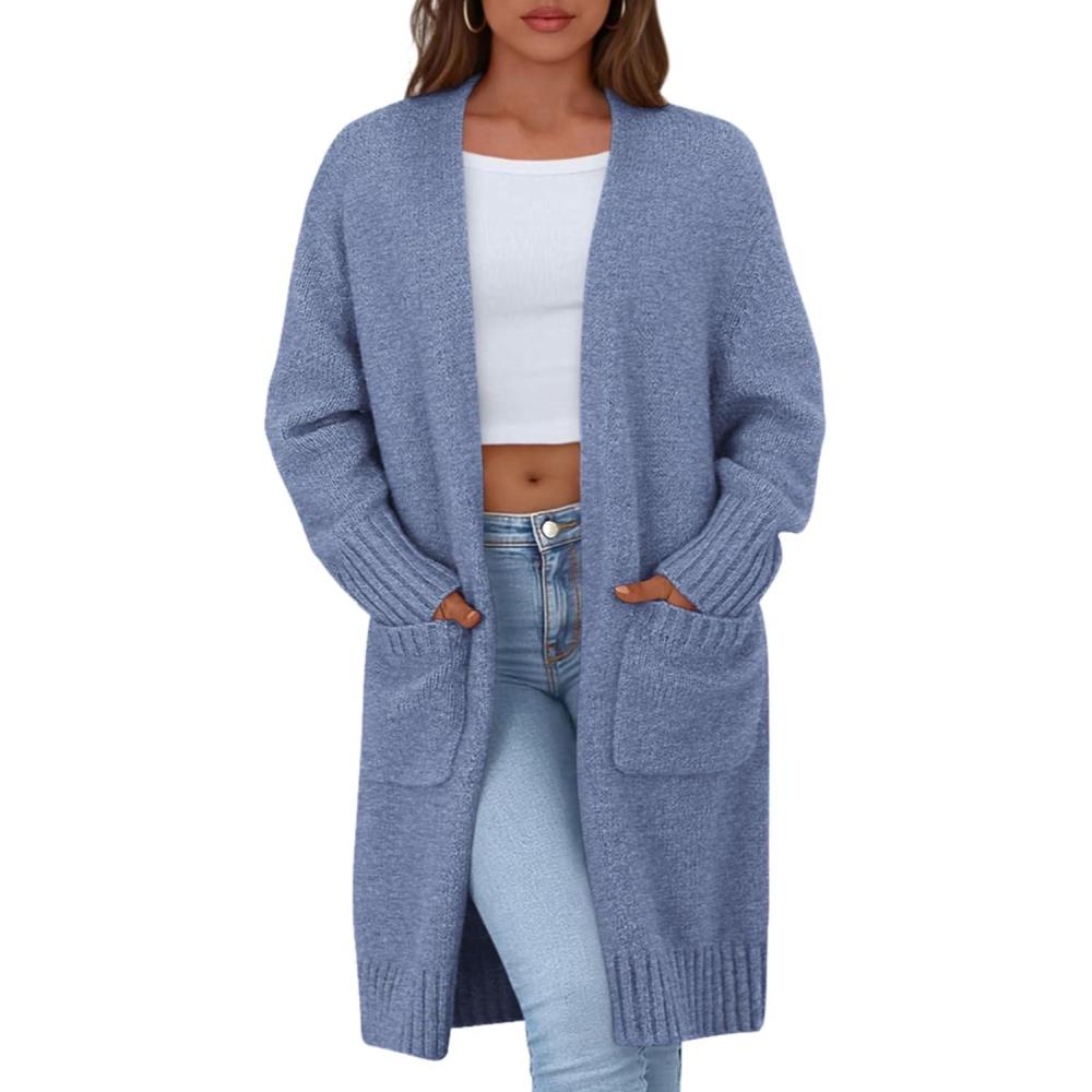 imagePRETTYGARDEN Fall Long Sleeve Cardigan Sweaters for Women 2025 Trendy Winter Open Front Loose Knitted Cardigans with PocketsGrey Blue