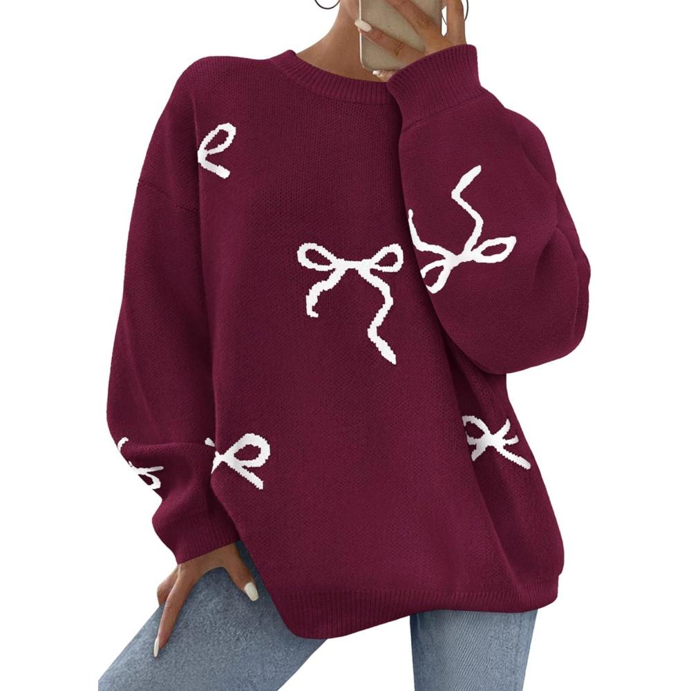 imagePRETTYGARDEN Fall Long Sleeve Pullover Sweaters for Women 2025 Trendy Crewneck Casual Cute Bow Chunky Knit Oversized SweaterWine Red