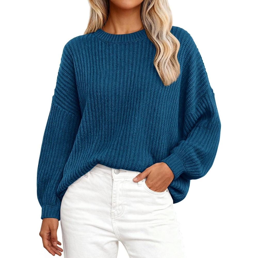 imagePRETTYGARDEN Fall Sweaters for Women 2025 Fashion Long Sleeve Casual Ribbed Knit Winter Clothes Pullover Jumper TopsLake Blue