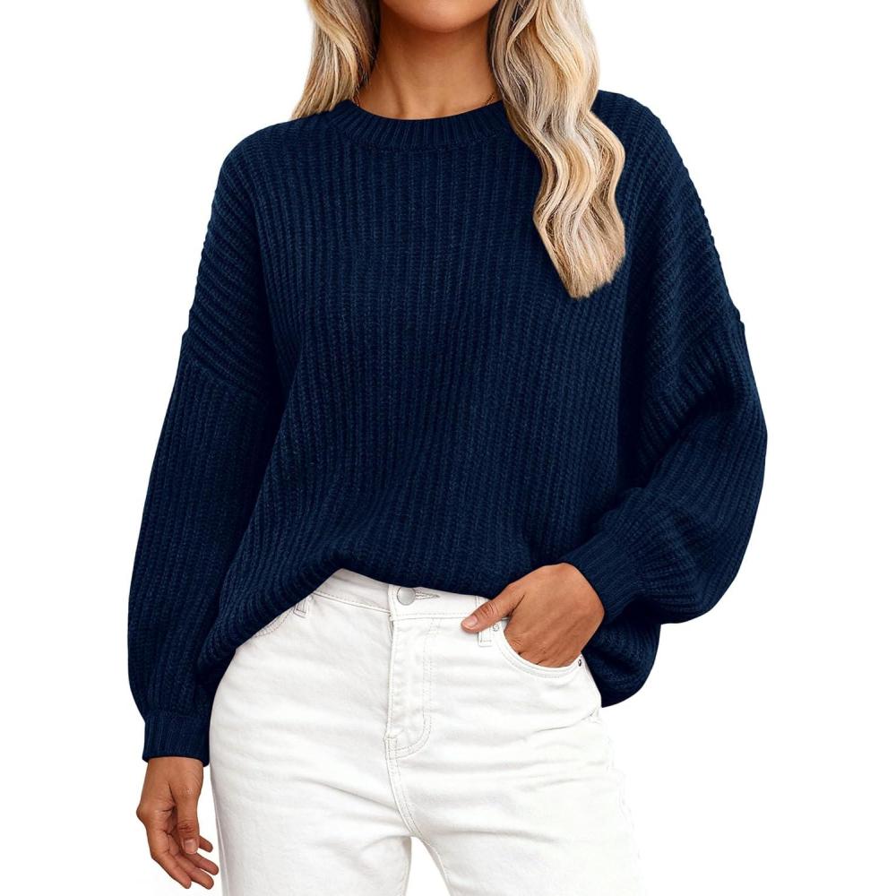 imagePRETTYGARDEN Fall Sweaters for Women 2025 Fashion Long Sleeve Casual Ribbed Knit Winter Clothes Pullover Jumper TopsNavy