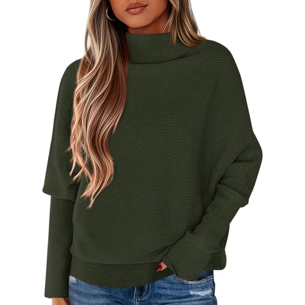 imagePRETTYGARDEN Fall Sweaters for Women 2025 Winter Clothing Batwing Long Sleeve Casual Tops Loose Knit Turtleneck SweaterArmy Green