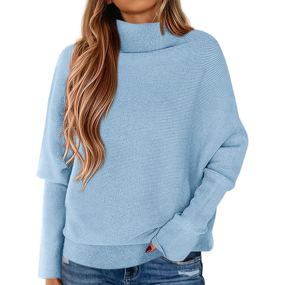 imagePRETTYGARDEN Fall Sweaters for Women 2025 Winter Clothing Batwing Long Sleeve Casual Tops Loose Knit Turtleneck SweaterBlue