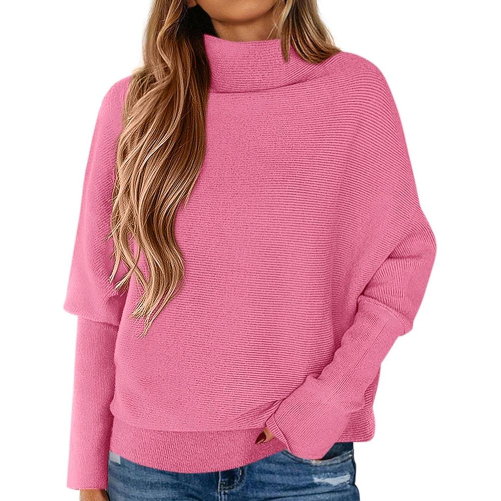 imagePRETTYGARDEN Fall Sweaters for Women 2025 Winter Clothing Batwing Long Sleeve Casual Tops Loose Knit Turtleneck SweaterPink