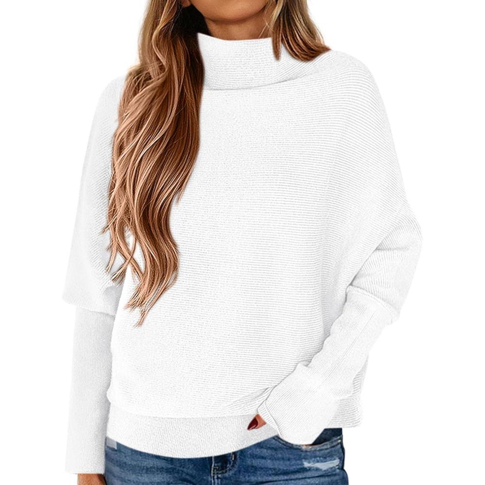 imagePRETTYGARDEN Fall Sweaters for Women 2025 Winter Clothing Batwing Long Sleeve Casual Tops Loose Knit Turtleneck SweaterWhite