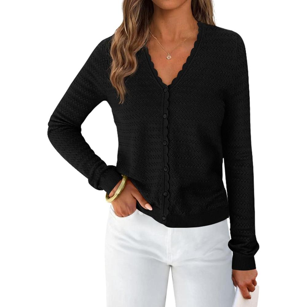 imagePRETTYGARDEN Lightweight Cardigans for Women Trendy 2025 Cozy Fall Fashion Long Sleeve Button V Neck Soft Knit Sweater TopsBlack