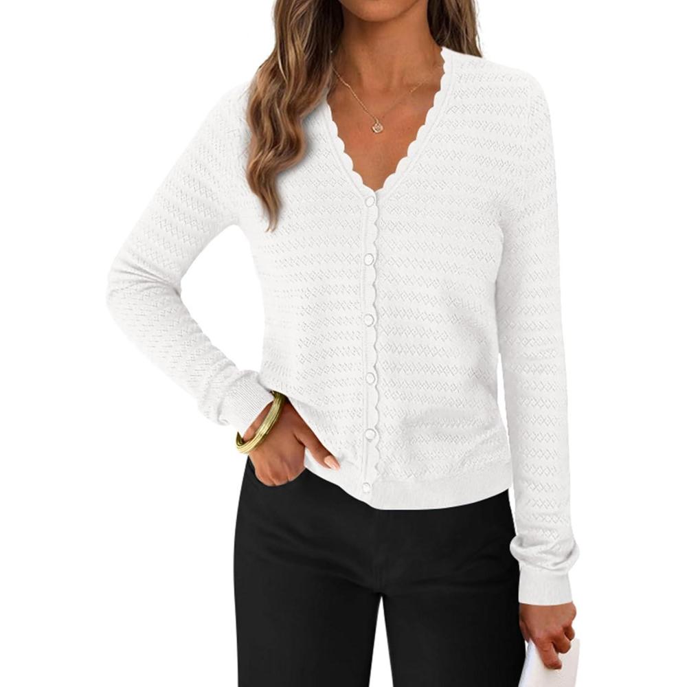 imagePRETTYGARDEN Lightweight Cardigans for Women Trendy 2025 Cozy Fall Fashion Long Sleeve Button V Neck Soft Knit Sweater TopsWhite
