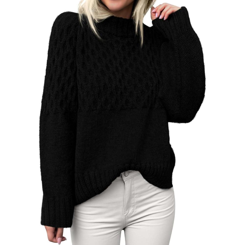 imagePRETTYGARDEN Oversized Sweaters for Women 2025 Fall Cute Cable Knit Long Sleeve Crewneck Chunky Pullover Tops Winter ClothingBlack