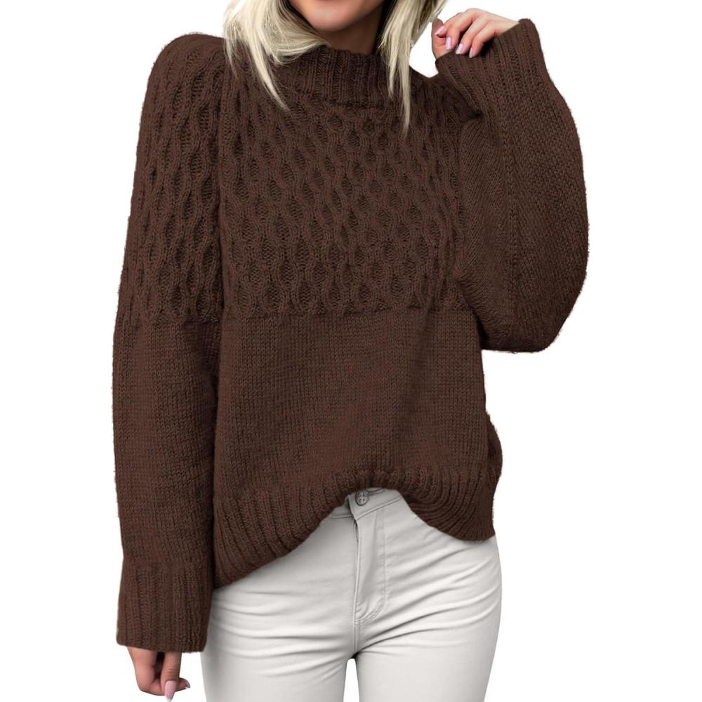 imagePRETTYGARDEN Oversized Sweaters for Women 2025 Fall Cute Cable Knit Long Sleeve Crewneck Chunky Pullover Tops Winter ClothingBrown