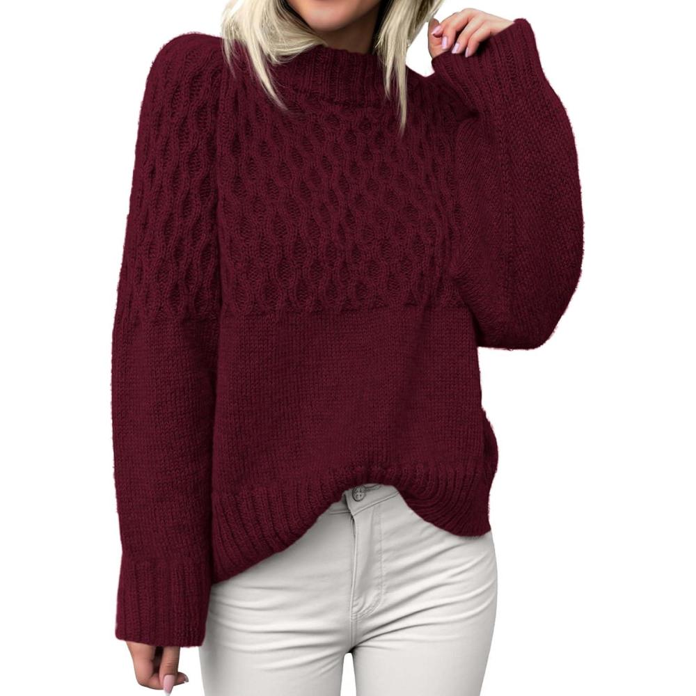 imagePRETTYGARDEN Oversized Sweaters for Women 2025 Fall Cute Cable Knit Long Sleeve Crewneck Chunky Pullover Tops Winter ClothingBurgundy