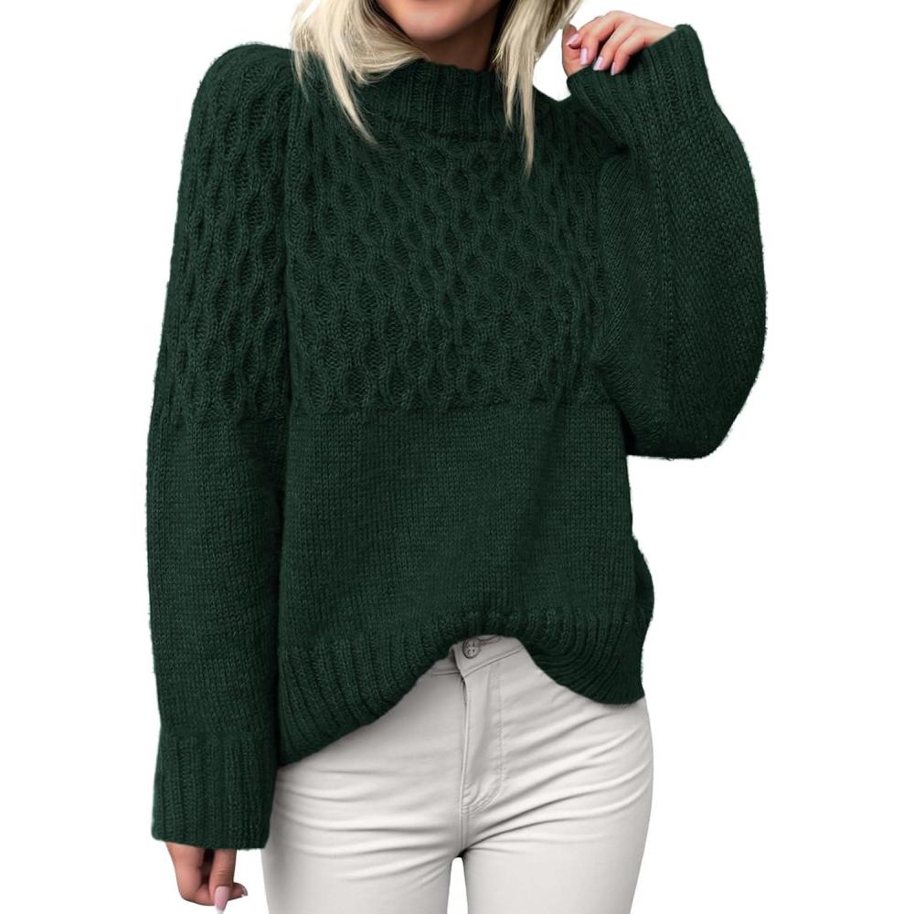 imagePRETTYGARDEN Oversized Sweaters for Women 2025 Fall Cute Cable Knit Long Sleeve Crewneck Chunky Pullover Tops Winter ClothingDark Green