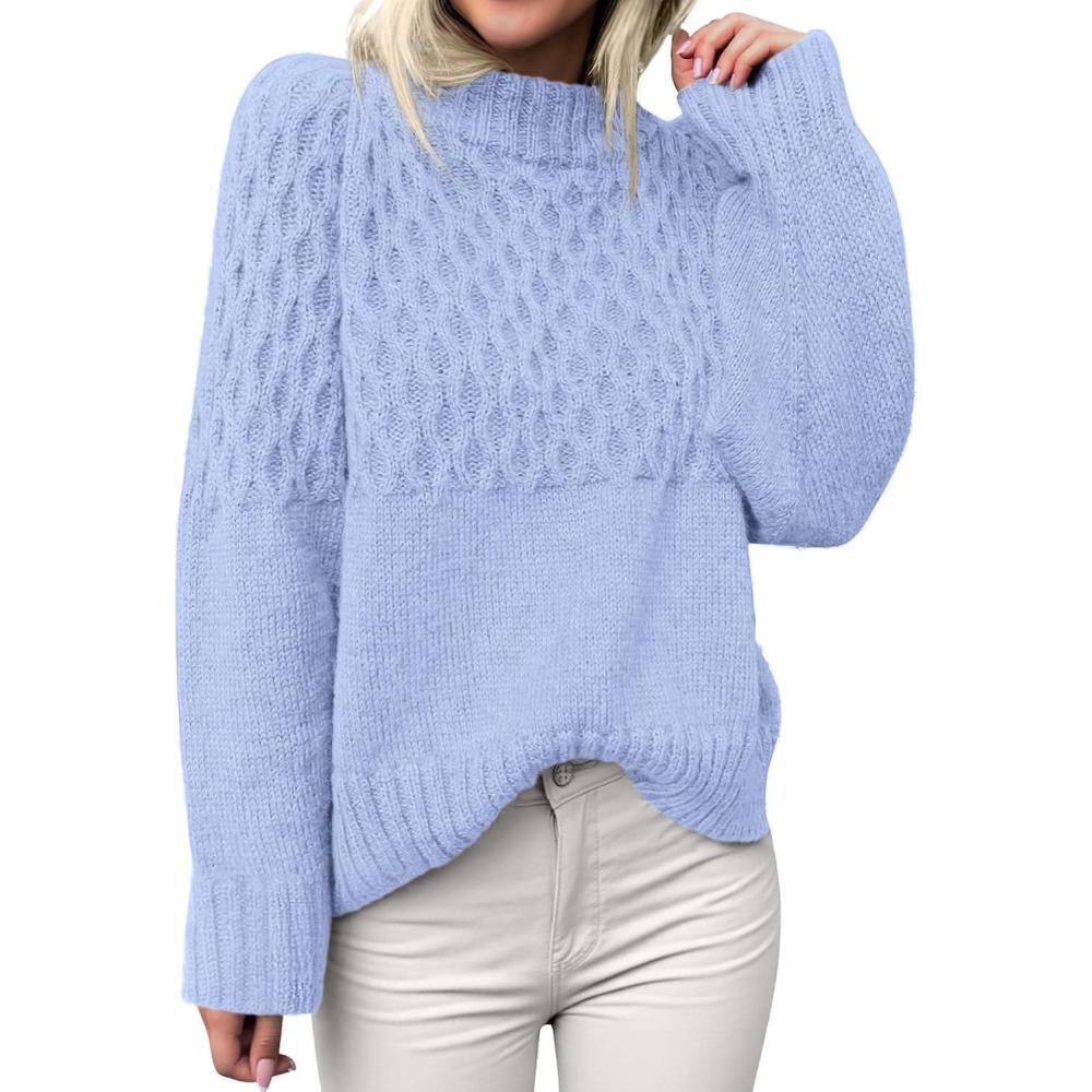 imagePRETTYGARDEN Oversized Sweaters for Women 2025 Fall Cute Cable Knit Long Sleeve Crewneck Chunky Pullover Tops Winter ClothingLight Blue