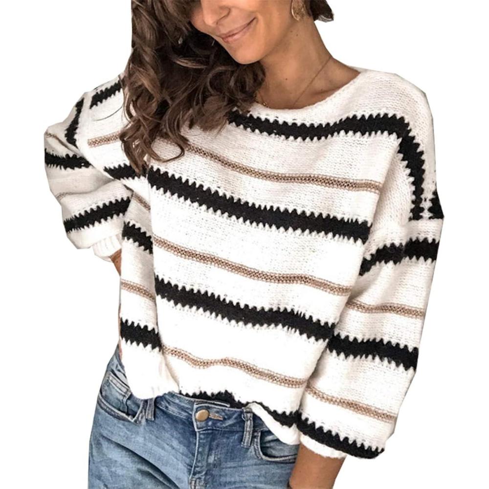 imagePRETTYGARDEN Sweaters for Women 2025 Long Sleeve Striped Knitted V Neck Pullover Jumper Tops Fall Outfits Fashion ClothingNarrow Striped White