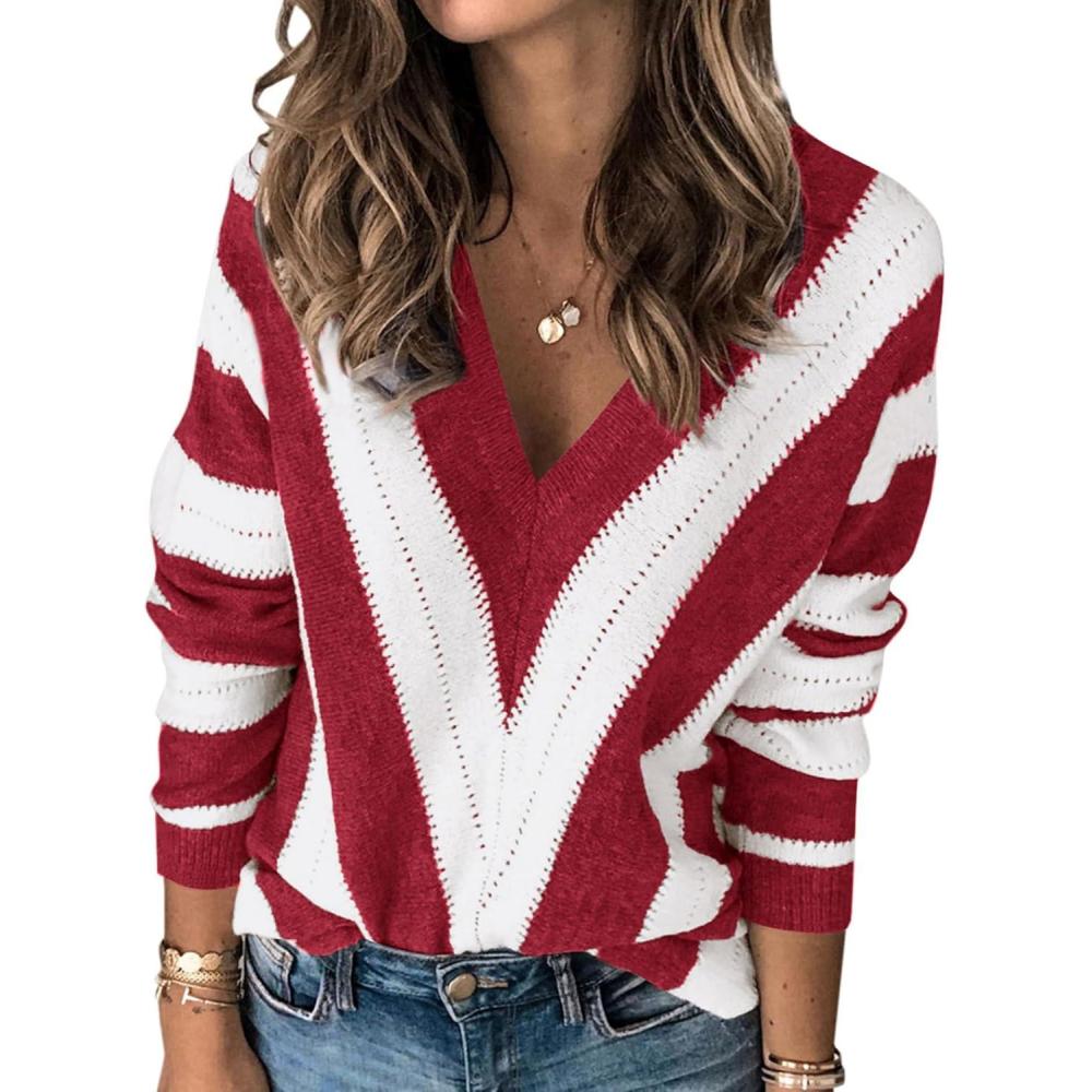 imagePRETTYGARDEN Sweaters for Women 2025 Long Sleeve Striped Knitted V Neck Pullover Jumper Tops Fall Outfits Fashion ClothingStriped Red