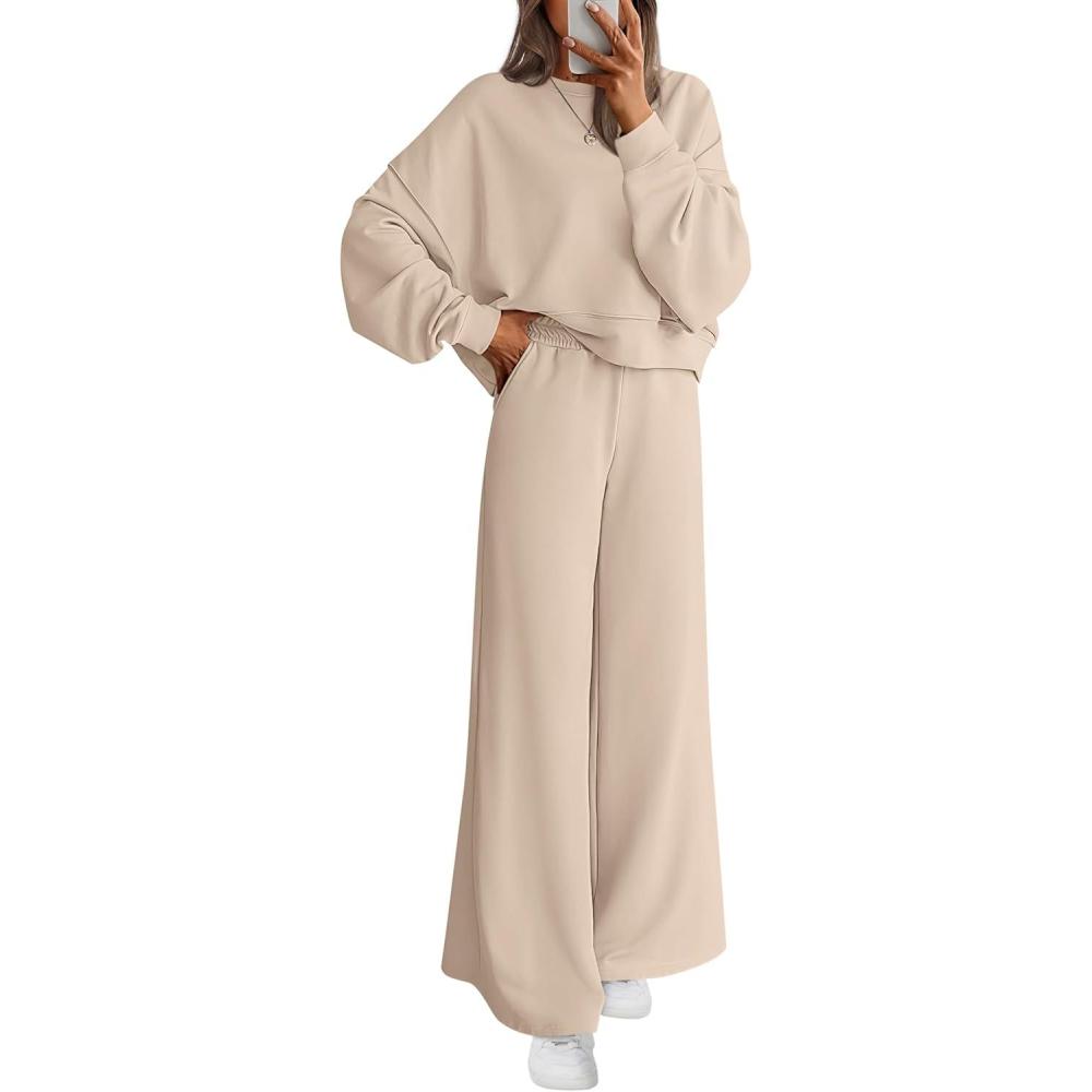 imagePRETTYGARDEN Women 2 Piece Outfits 2025 Fall Sweatsuits Crewneck Sweatshirt Wide Leg Sweatpants Lounge Sets TracksuitBeige