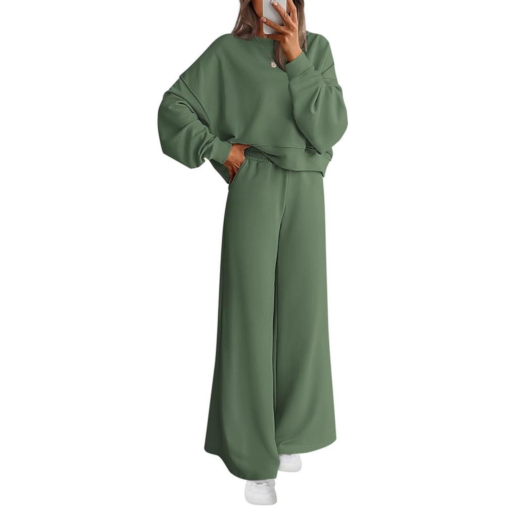 imagePRETTYGARDEN Women 2 Piece Outfits 2025 Fall Sweatsuits Crewneck Sweatshirt Wide Leg Sweatpants Lounge Sets TracksuitGreen