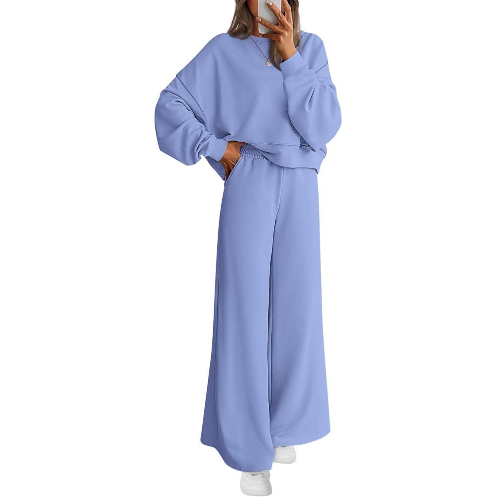 imagePRETTYGARDEN Women 2 Piece Outfits 2025 Fall Sweatsuits Crewneck Sweatshirt Wide Leg Sweatpants Lounge Sets TracksuitLight Blue