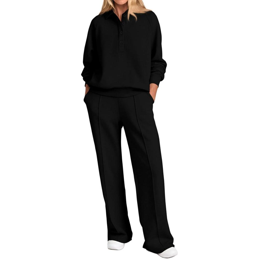 imagePRETTYGARDEN Women Fall 2 Piece Outfits Sweatsuits Quarter Button Long Sleeve Sweatshirt Wide Leg Pants Tracksuit Lounge SetsBlack