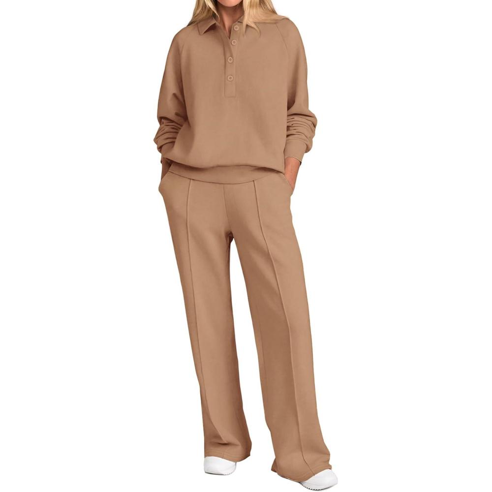 imagePRETTYGARDEN Women Fall 2 Piece Outfits Sweatsuits Quarter Button Long Sleeve Sweatshirt Wide Leg Pants Tracksuit Lounge SetsCamel