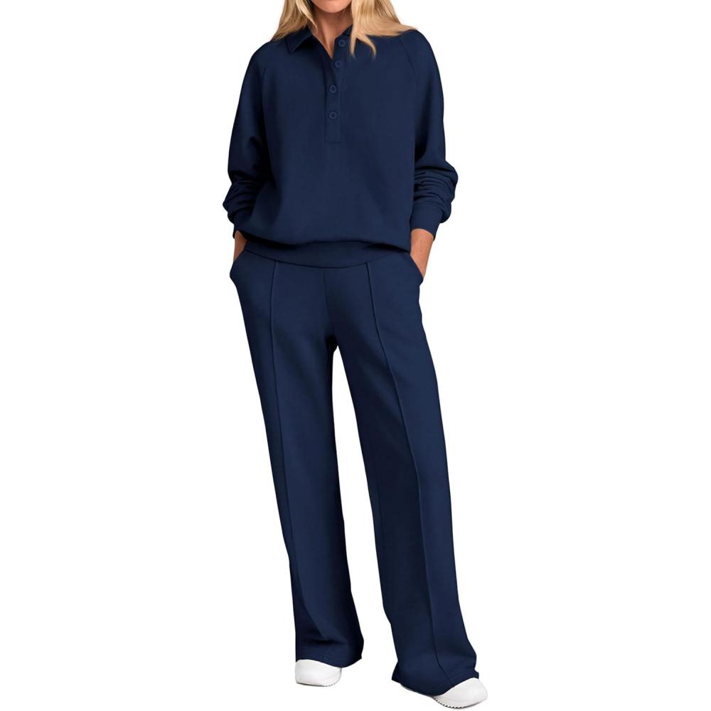 imagePRETTYGARDEN Women Fall 2 Piece Outfits Sweatsuits Quarter Button Long Sleeve Sweatshirt Wide Leg Pants Tracksuit Lounge SetsNavy