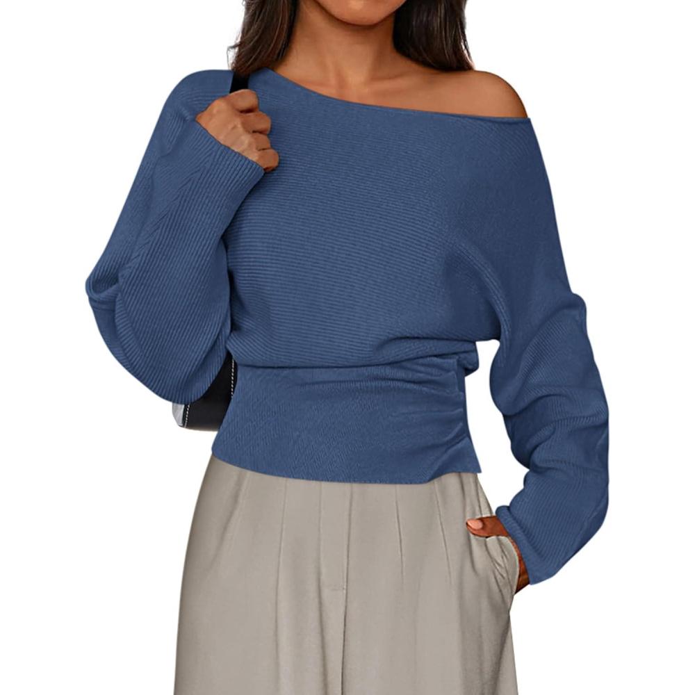 imagePRETTYGARDEN Women Off The Shoulder Sweater 2025 Fall Trendy Long Batwing Sleeve Knit Pullover Going Out Tops Winter ClothingDark Blue