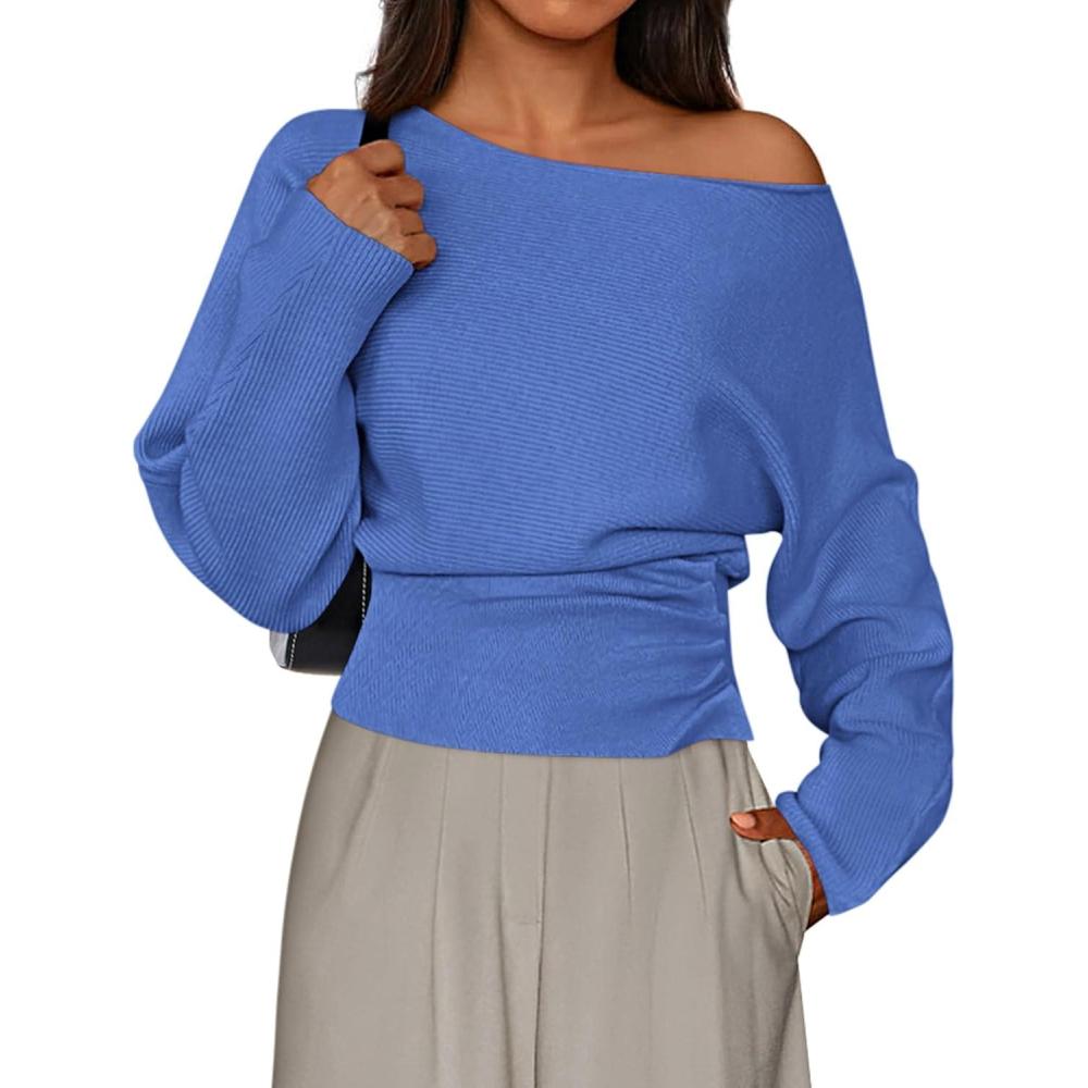imagePRETTYGARDEN Women Off The Shoulder Sweater 2025 Fall Trendy Long Batwing Sleeve Knit Pullover Going Out Tops Winter ClothingSky Blue