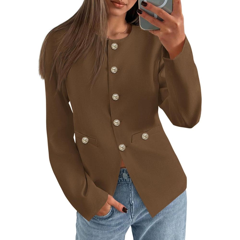 imagePRETTYGARDEN Womens 2025 Fall Blazers Button Down Fitted Lightweight Dressy Work Suit Jackets Trendy Business Casual OutfitsBrown