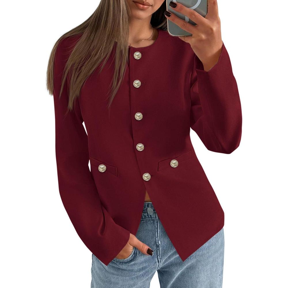 imagePRETTYGARDEN Womens 2025 Fall Blazers Button Down Fitted Lightweight Dressy Work Suit Jackets Trendy Business Casual OutfitsBurgundy