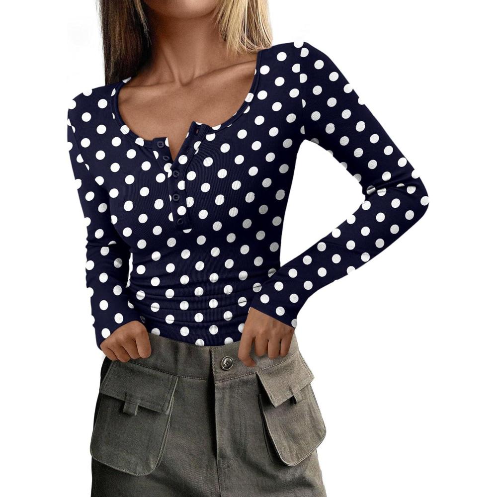 imagePRETTYGARDEN Womens 2025 Fall Long Sleeve Henley T Shirts Button Ribbed Knit Slim Fit Basic Tops Blouse Casual Outfits01 Polka Dot Navy White