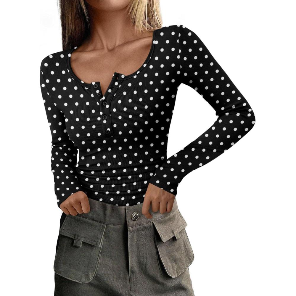 imagePRETTYGARDEN Womens 2025 Fall Long Sleeve Henley T Shirts Button Ribbed Knit Slim Fit Basic Tops Blouse Casual Outfits01 Small Polka Dot Black