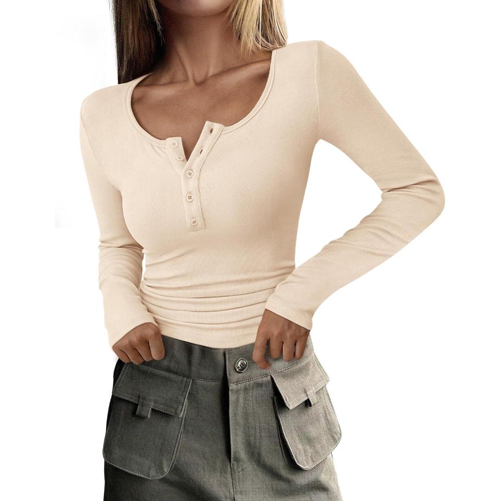 imagePRETTYGARDEN Womens 2025 Fall Long Sleeve Henley T Shirts Button Ribbed Knit Slim Fit Basic Tops Blouse Casual OutfitsBeige
