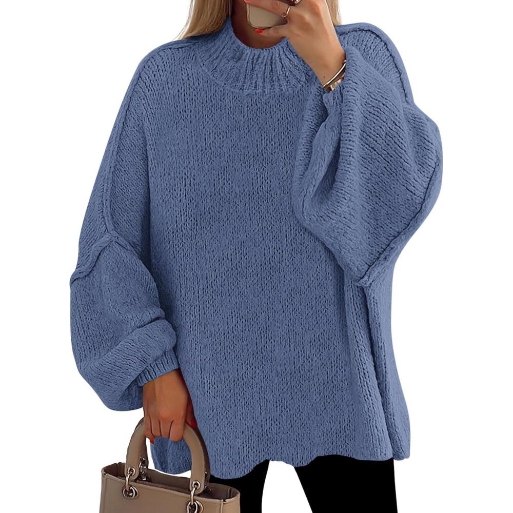 imagePRETTYGARDEN Womens 2025 Fall Oversized Sweaters Chunky Knit Mock Neck Long Sleeve Casual Trendy Pullover Winter ClothesBlue