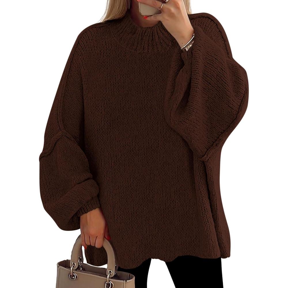 imagePRETTYGARDEN Womens 2025 Fall Oversized Sweaters Chunky Knit Mock Neck Long Sleeve Casual Trendy Pullover Winter ClothesBrown