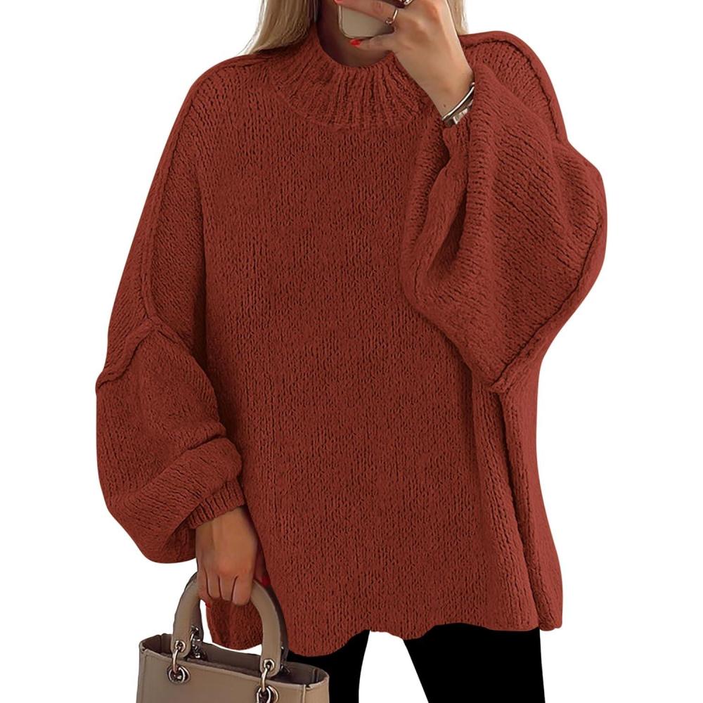 imagePRETTYGARDEN Womens 2025 Fall Oversized Sweaters Chunky Knit Mock Neck Long Sleeve Casual Trendy Pullover Winter ClothesBurnt Orange