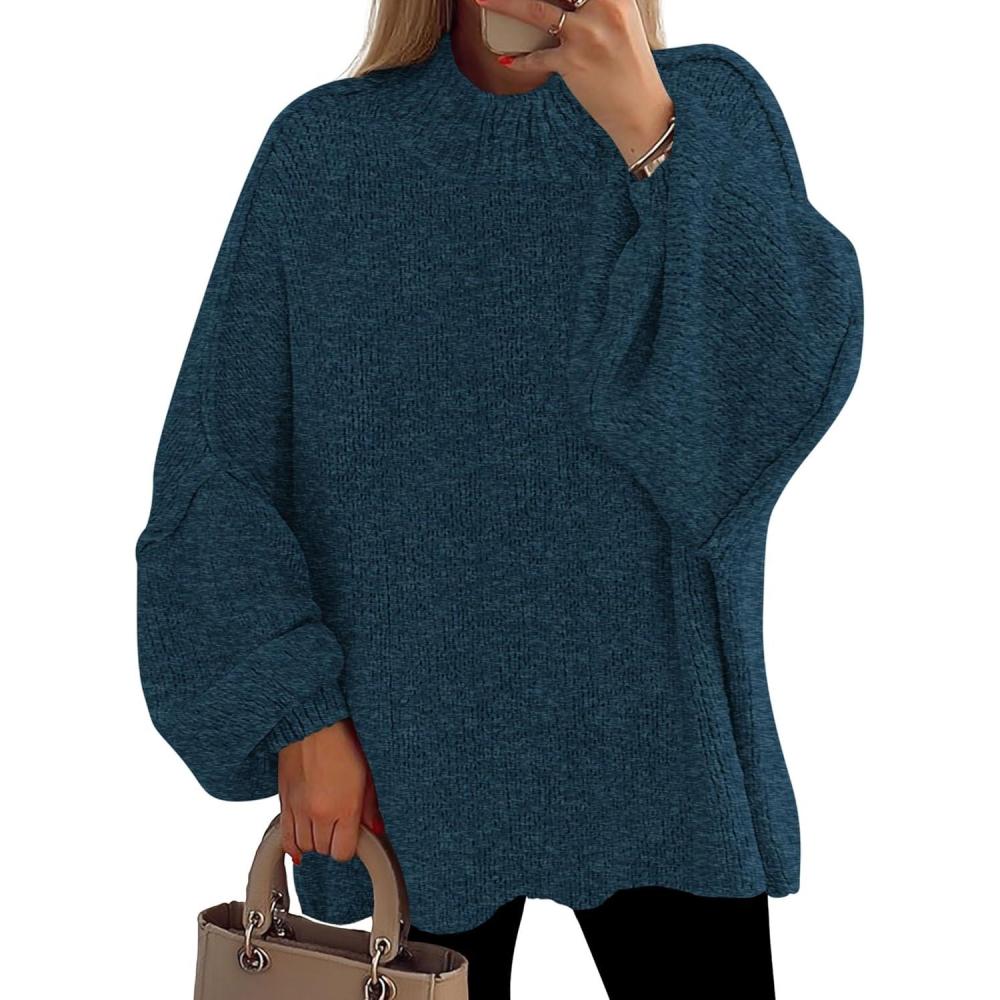 imagePRETTYGARDEN Womens 2025 Fall Oversized Sweaters Chunky Knit Mock Neck Long Sleeve Casual Trendy Pullover Winter ClothesDark Teal